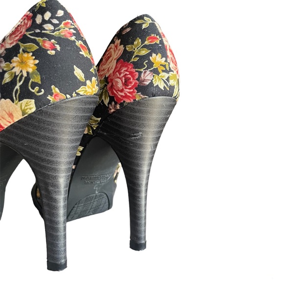 Rampage Womens 7 Black Pink Floral Print Stiletto High Heels Peep Toe Bow Shoe - Picture 6 of 13